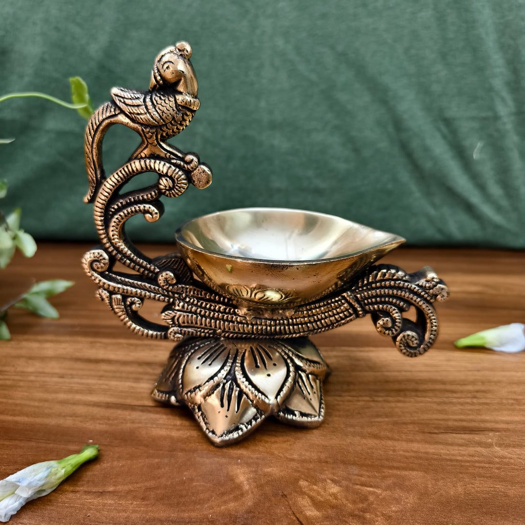 Pure Brass Peacock Lotus Diya | Handcrafted Peacock Lotus Oil Lamp for Puja & Décor