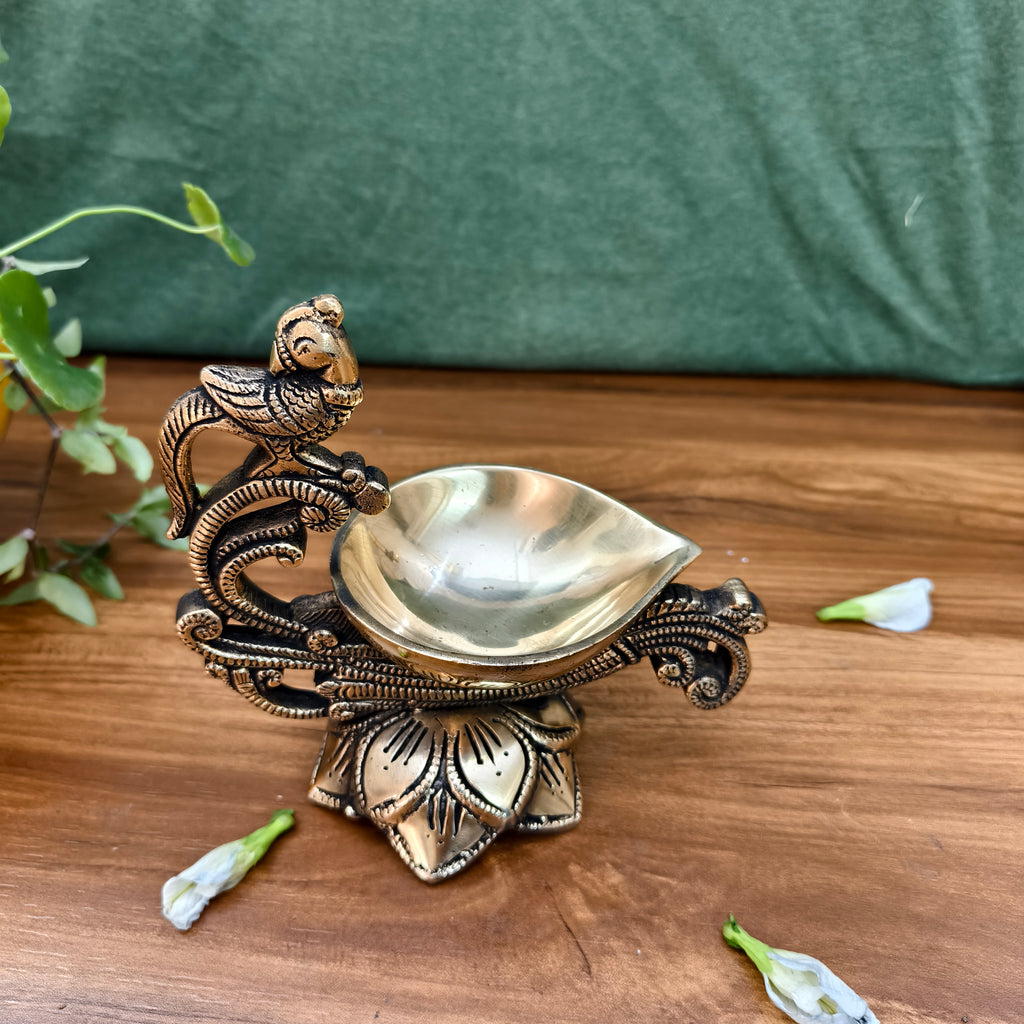 Pure Brass Peacock Lotus Diya | Handcrafted Peacock Lotus Oil Lamp for Puja & Décor