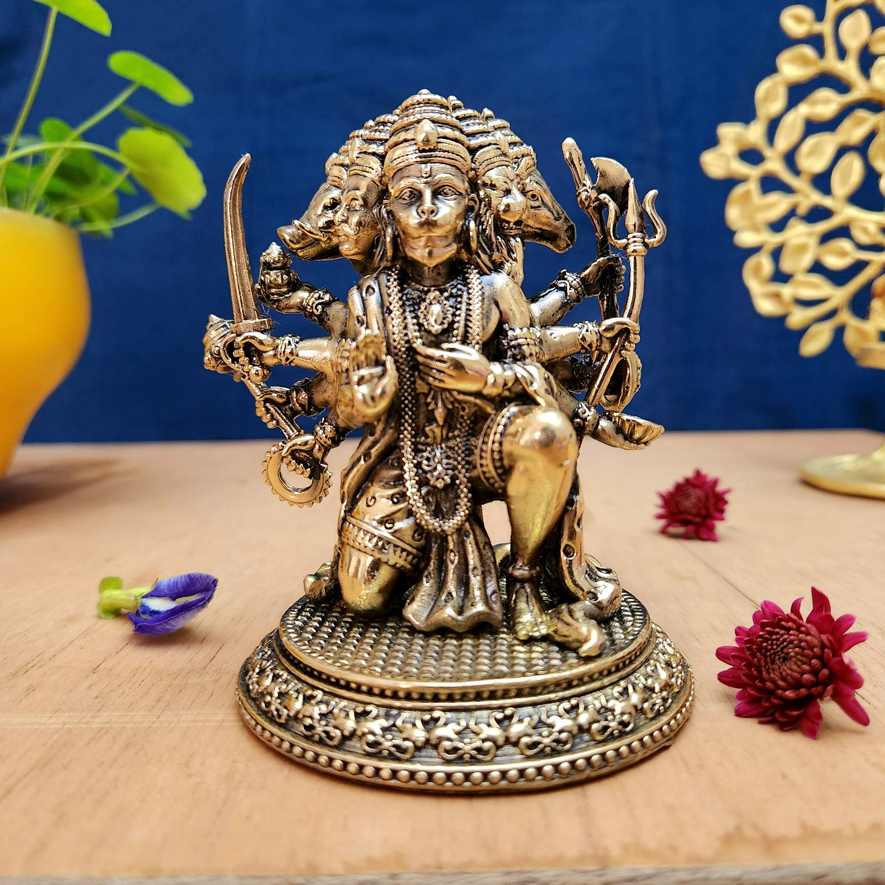 Pure Brass Panchmukhi Hanuman Idol | Five-Faced Hanuman Ji Statue for Vastu, Puja & Home Temple