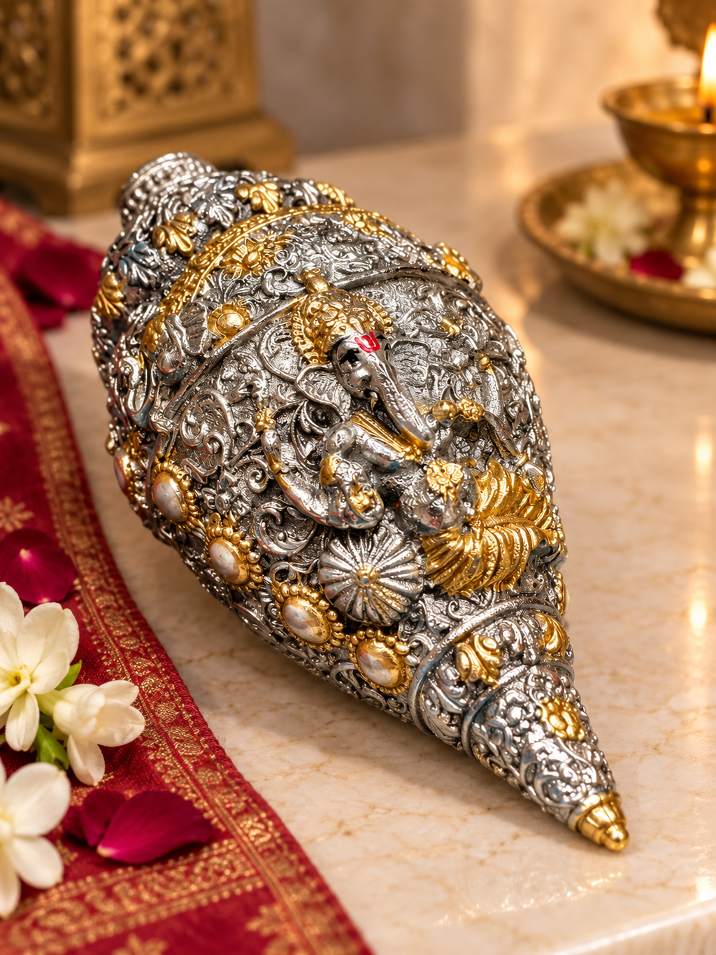 Premium Brass Bell & Decorative Resin Shankh Gift Set (Without Box – Gift Box on Order) | Diwali, Navratri & Festive Corporate Gifts