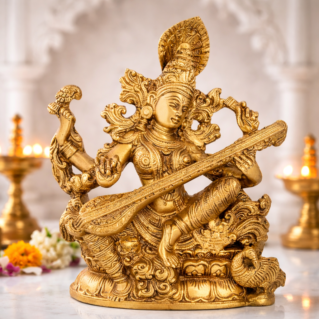 Saraswati ji Idol, Brass Statue, Big Size, Golden Colour,Perfect for Gifting to Family& Friends
