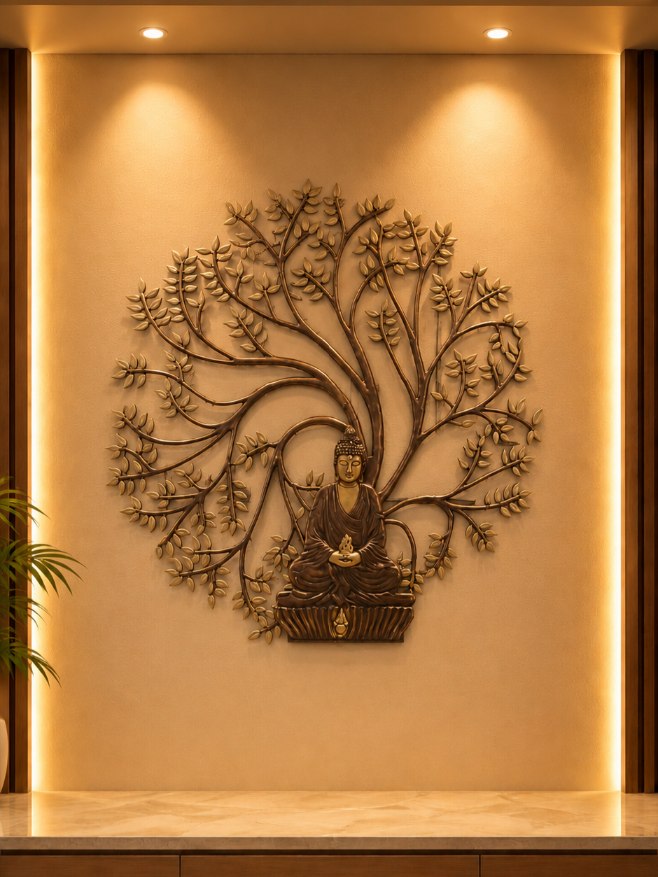 Brass Wall Hanging Buddha with Bodhi Tree for Home Decor, Living Room, Entrance & Spiritual Wall Art