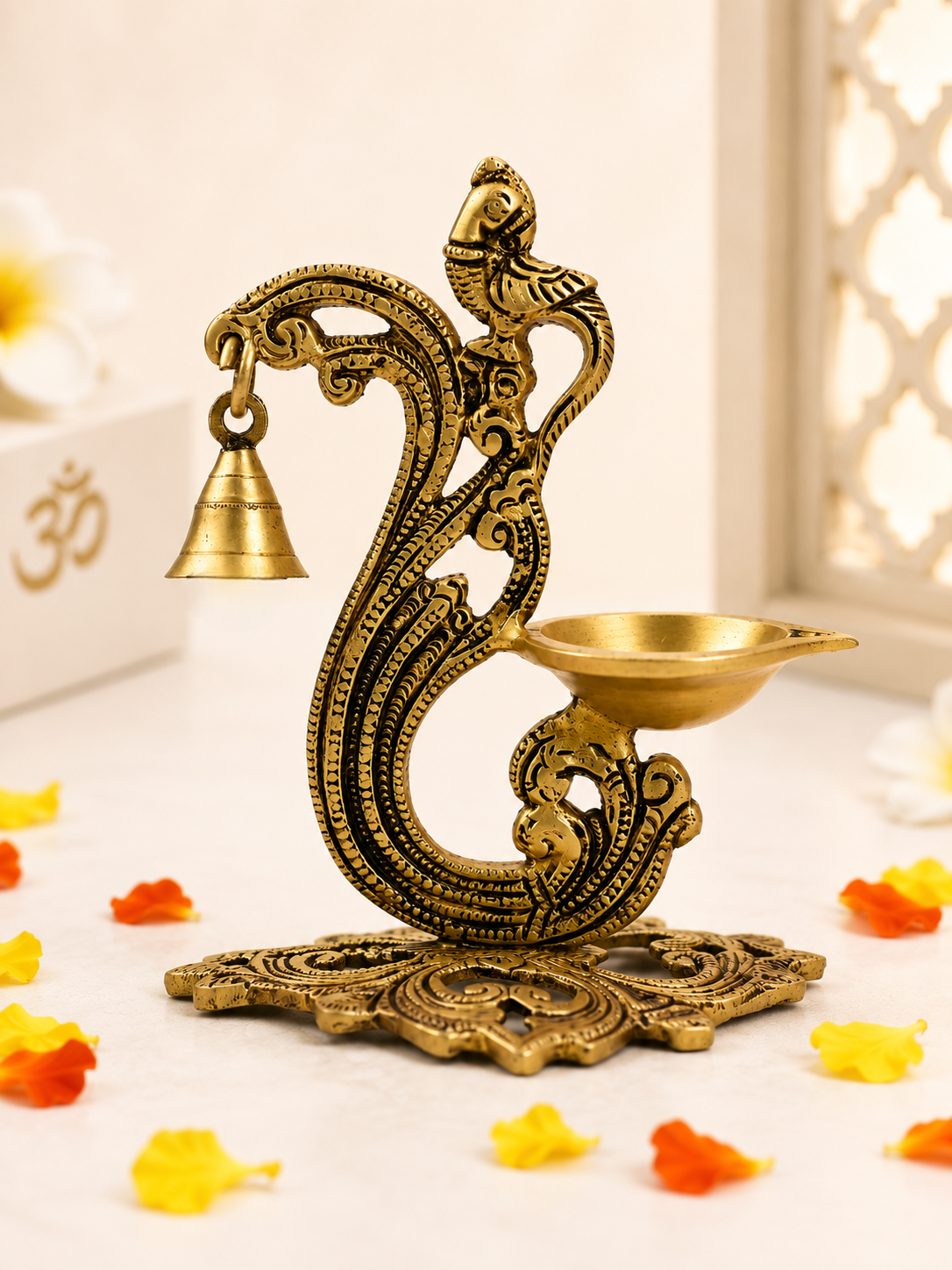 Brass Peacock Deepak with Hanging Bell for Home Temple, Pooja Room & Festive Decor