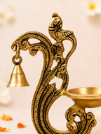 Brass Peacock Deepak with Hanging Bell for Home Temple, Pooja Room & Festive Decor