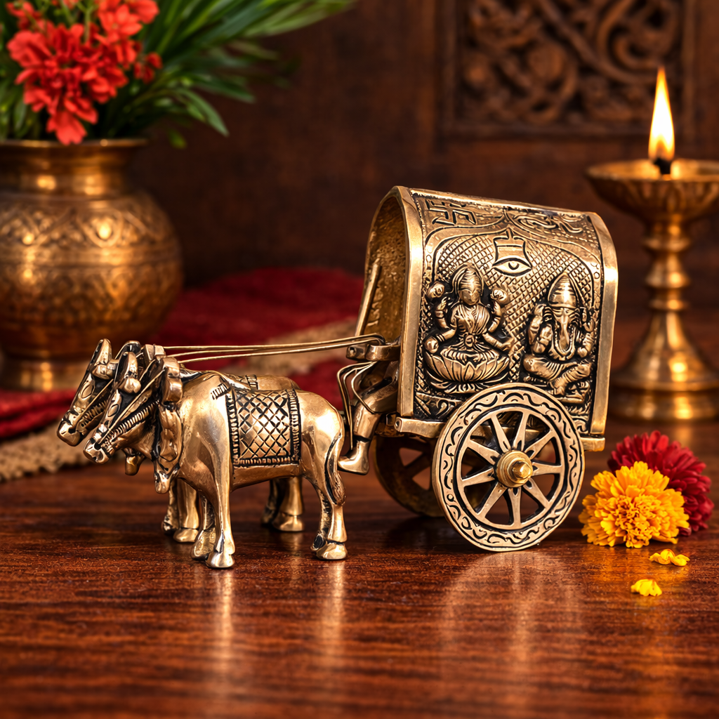 Laxmi Ganesh Symbolized Bullock Cart Showpiece Statue for Home Decor Pooja Temple Decor