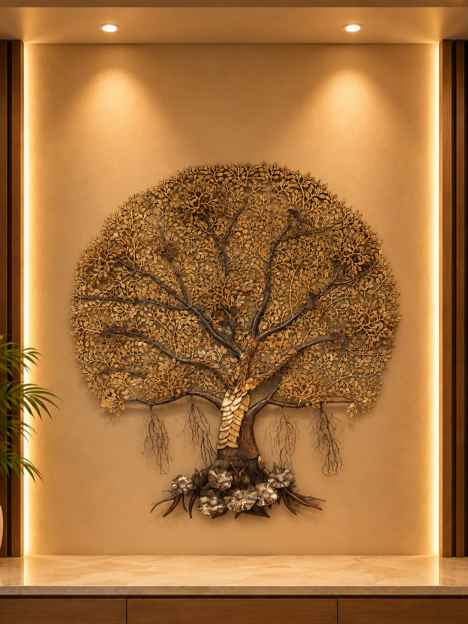 Handcrafted Brass Kalpavriksha Wall Hanging – Bodhi & Banyan Tree Wall Decor for Living Room, Entrance, Office & Luxury Home Decoration