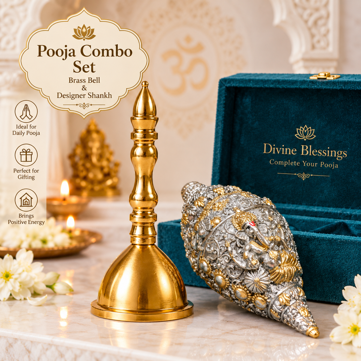 Premium Brass Bell & Decorative Resin Shankh Gift Set (Without Box – Gift Box on Order) | Diwali, Navratri & Festive Corporate Gifts