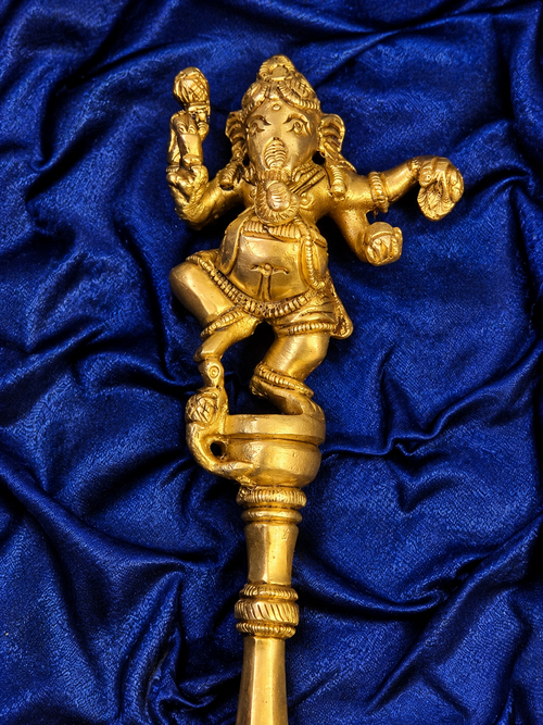 Brass Achmani Havan Spoon with Ganesh Ji in Velvet Gift Box