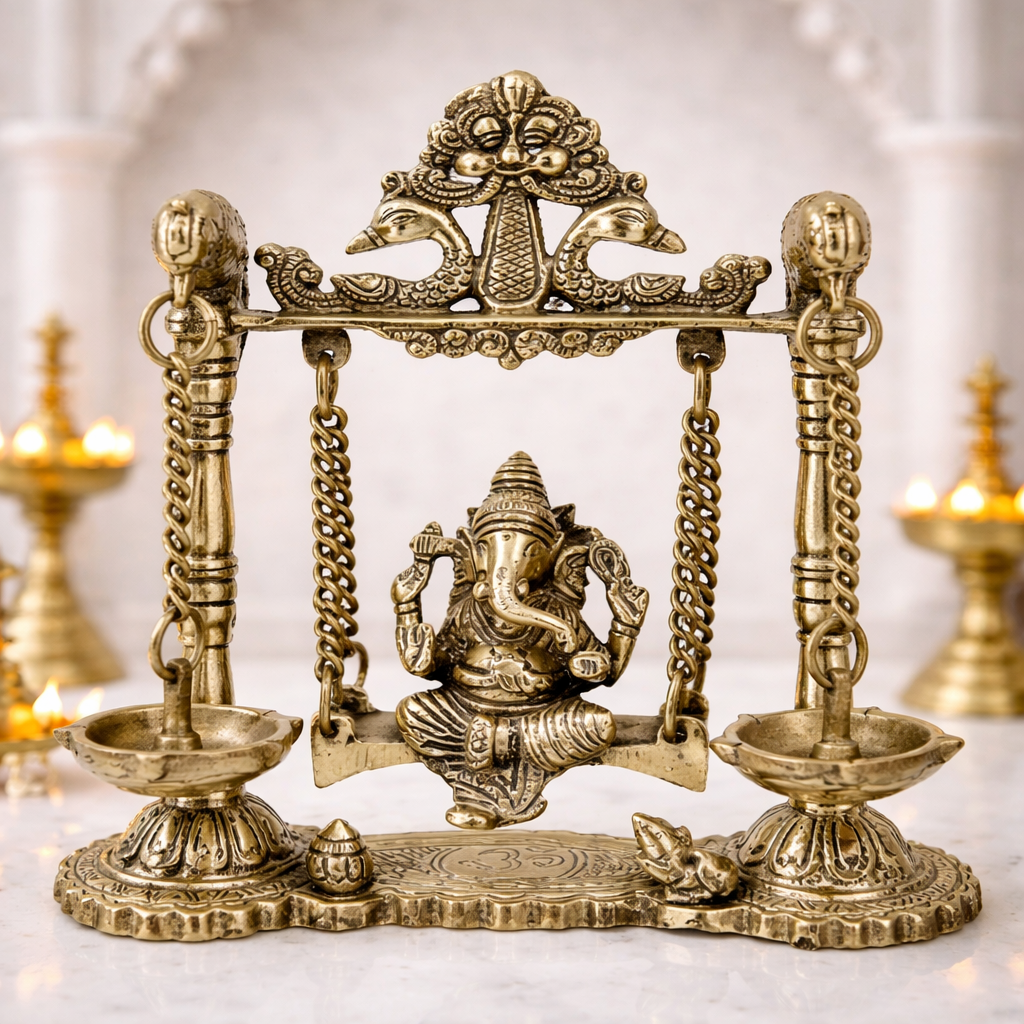 Ganesha Statue on Swing, Ganesh Idol on Jhoola in Brass for Office,Home decor